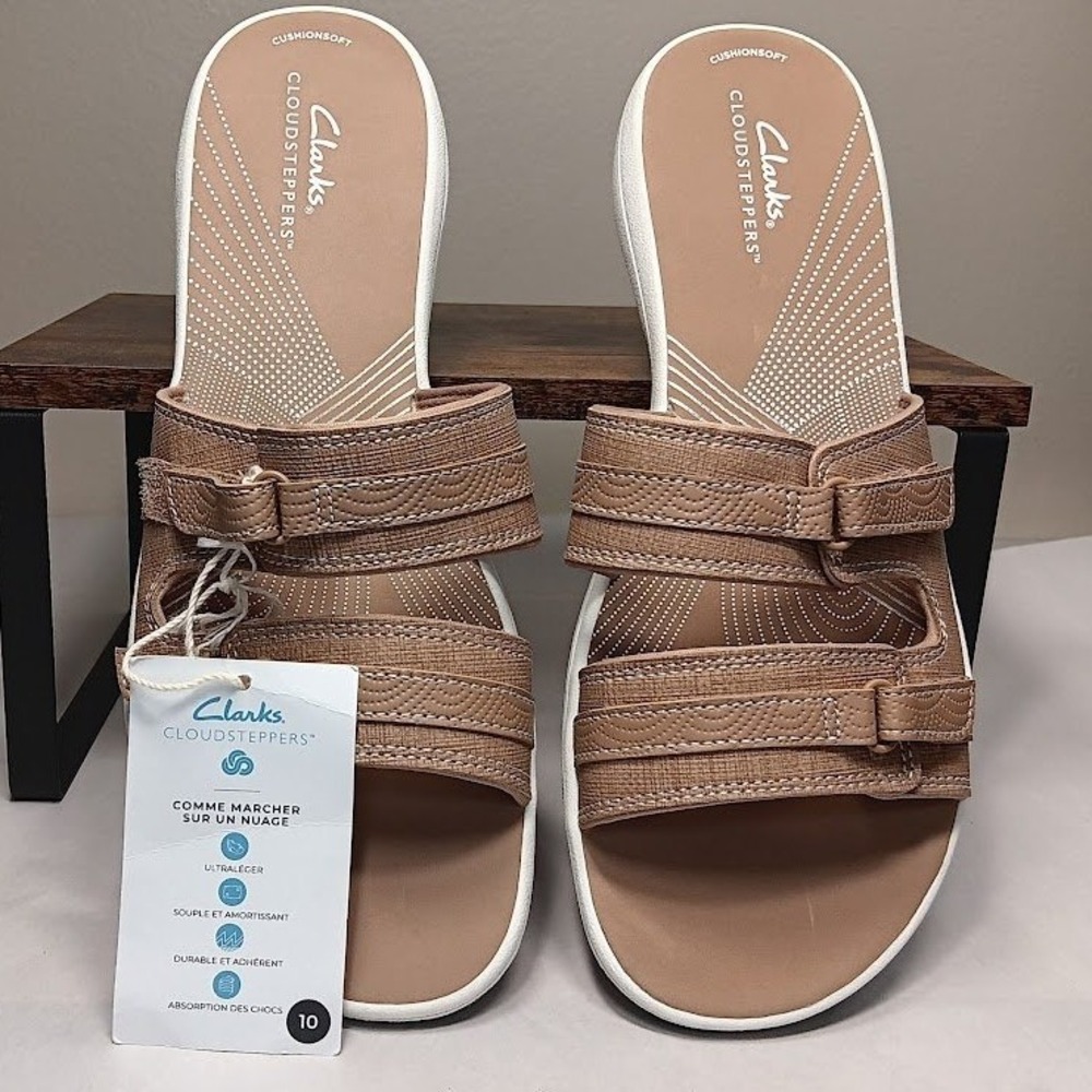 Clarks Breeze Piper Sandals Womens 10 Tan New Cloudsteppers Adjustable Slides - Picture 4 of 10
